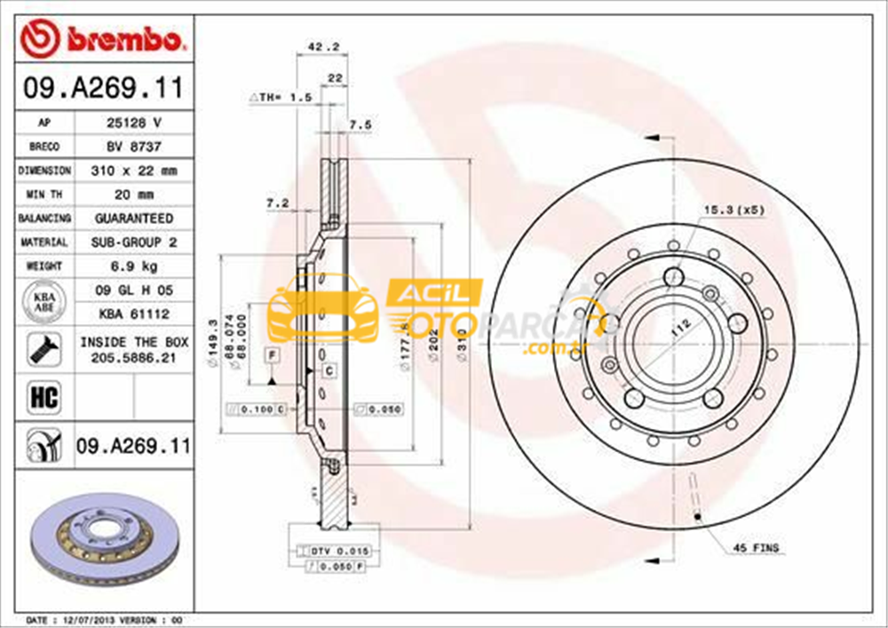 Audi BREMBO 09.A269.11 | Fren Diski Arka Havalı 310 mm Audi A8 03-10 VW Phaeton 08-16 | 2 Adet