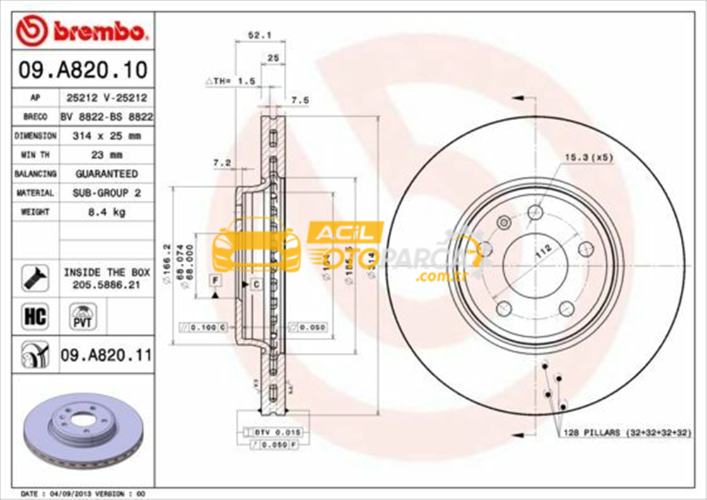 Audi BREMBO 09.A820.10 | Fren Diski VW A4-A5 08-Ön 314X25 | 2 Adet