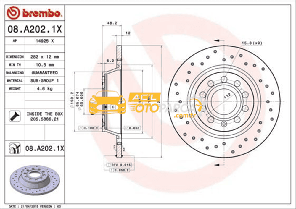 Volkswagen BREMBO 08.A202.1X | Fren Diski VW Passat,Golf V 2.0 TDI Arka 286X12 | 2 Adet