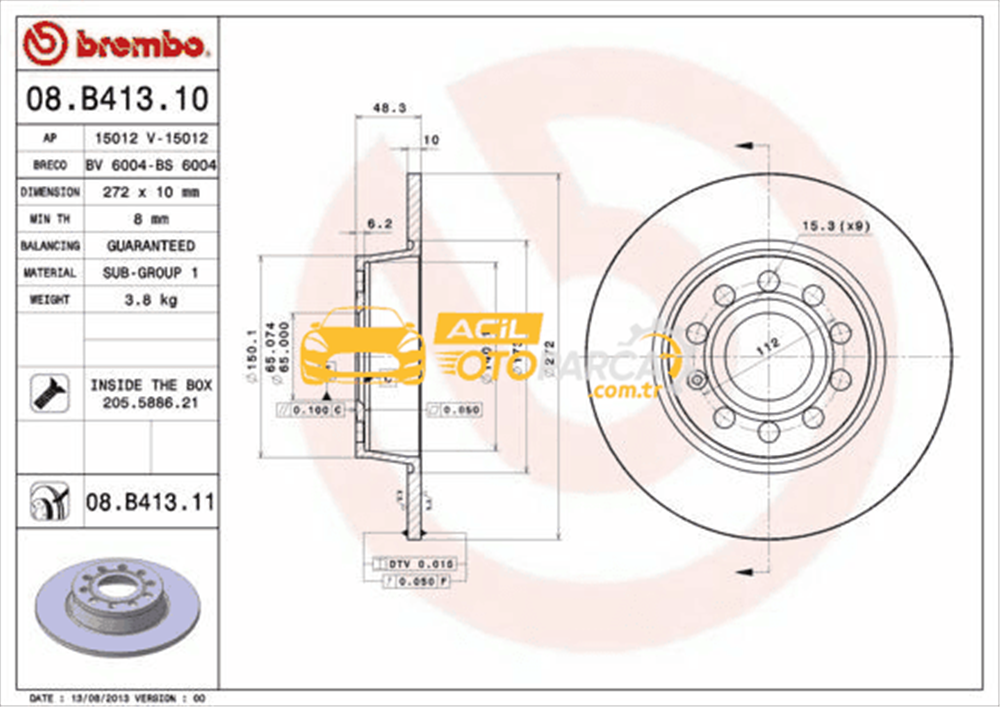 Volkswagen BREMBO 08.B413.10 | Fren Diski Arka (VW Caddy 11-Golf 09-Passat 13-15 Audi A3 09-Seat Leon 13 -) | 2 Adet