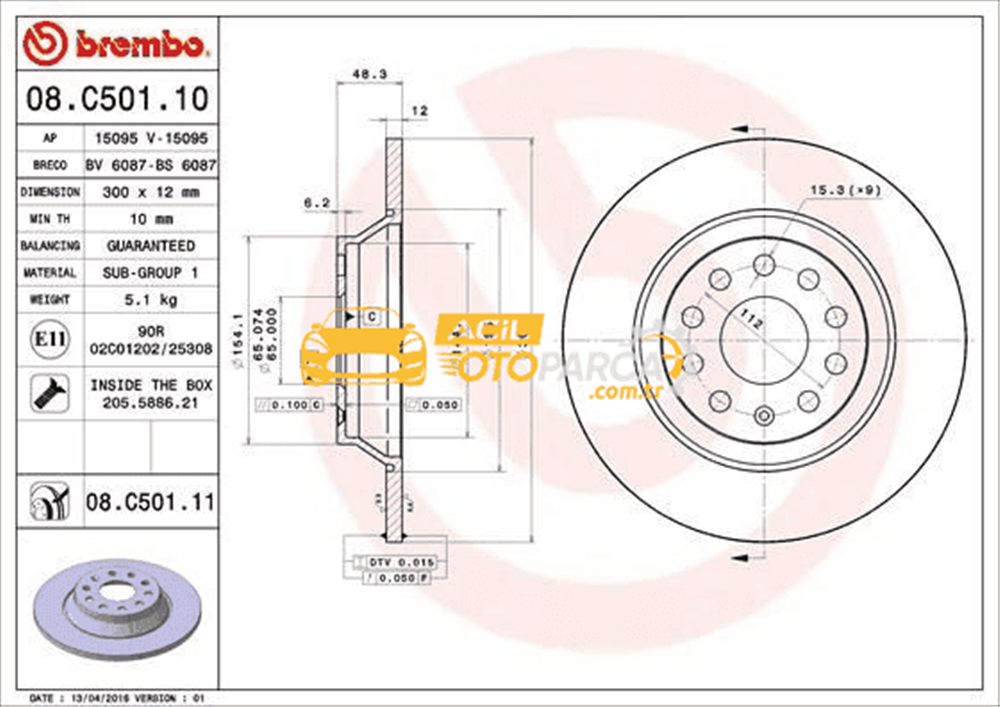 Volkswagen BREMBO 08.C501.11 | Fren Diski VW Passat Q3 2014-Arka Pr-1Ku 300X12 | 2 Adet