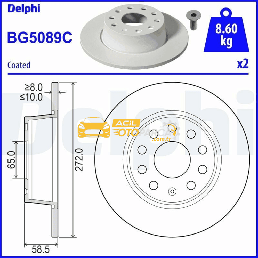 Volkswagen DELPHI BG5089C | Disk Arka (Ad) 17-Troc-Karoq-Ateca-Q2 | 2 Adet