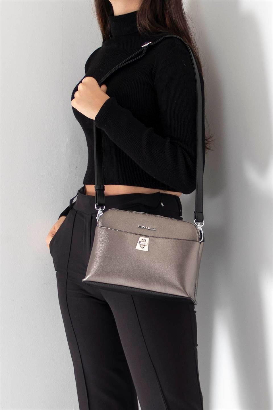 Kadın Çapraz Çanta Platin - Siyah SP623 Silver & Polo
