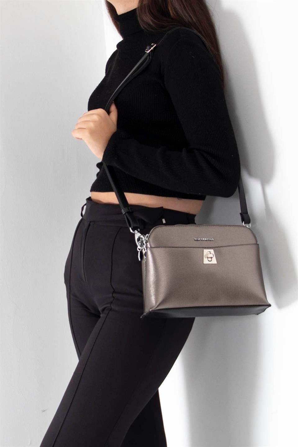 Kadın Çapraz Çanta Platin - Siyah SP623 Silver & Polo