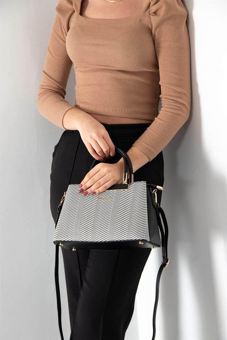 Kadın El Çantası Siyah Beyaz - Siyah SP913 Silver & Polo