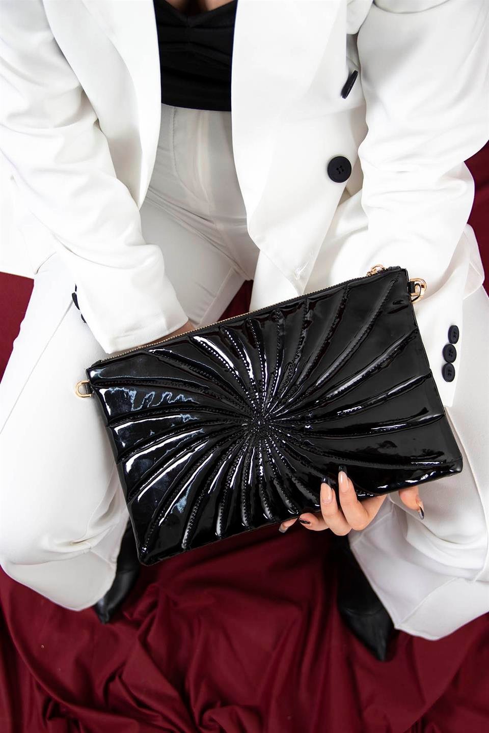 Kadın Portföy & Clutch Rugan Rüzgar Siyah SP1034 Silver & Polo