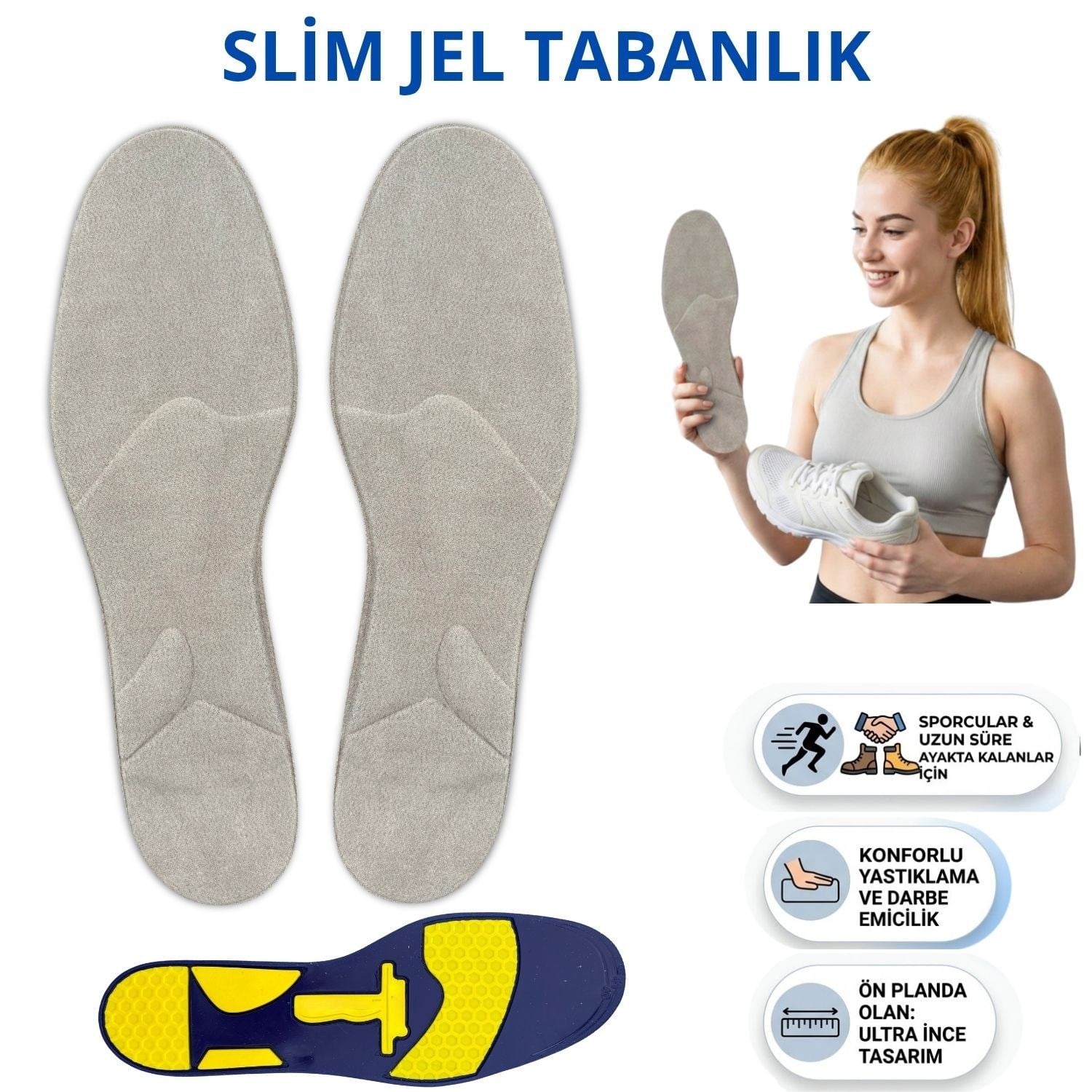 Jel Spor Tabanlık, Darbe Emici Konforlu Rahat Slim Ayakkabı Tabanlığı
