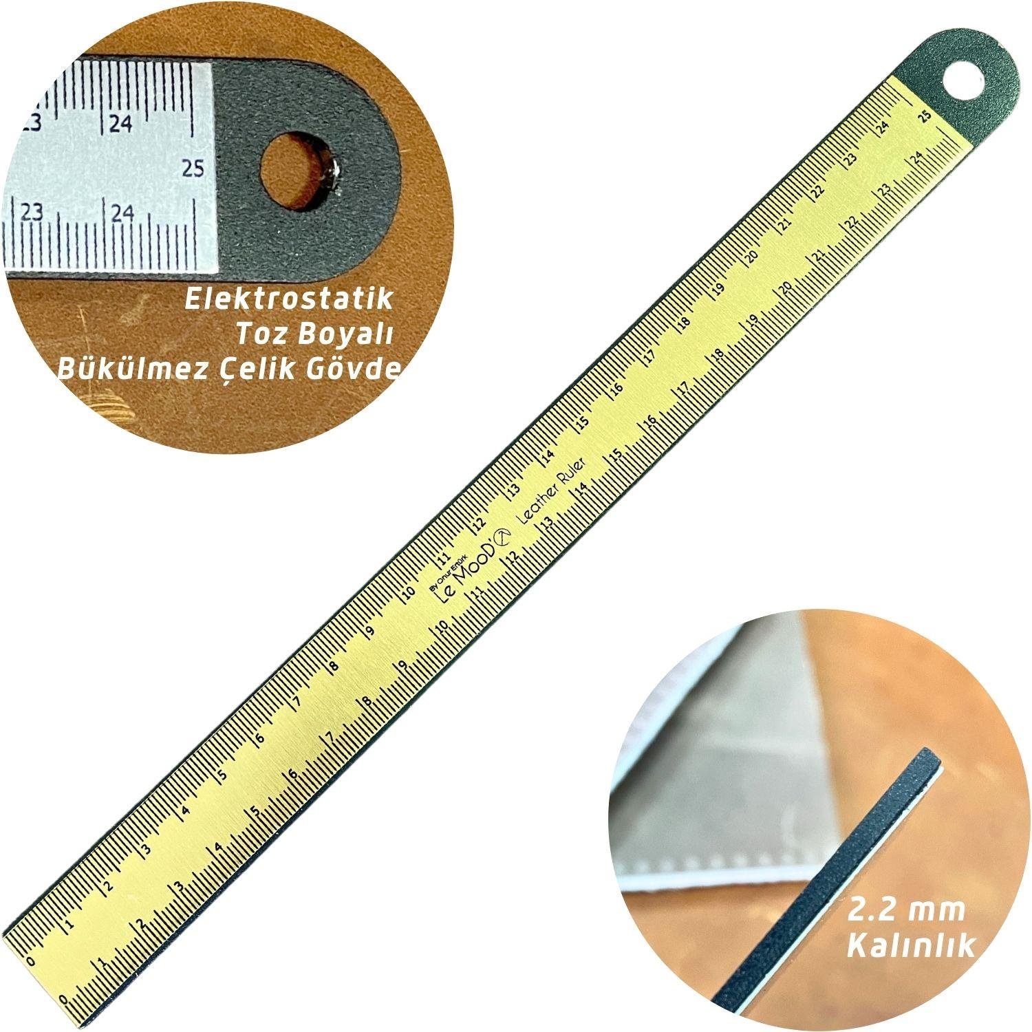 Le MooD'O 25 cm Çelik Cetvel, Leather Ruler Deri Hobi El Aleti 1 Adet
