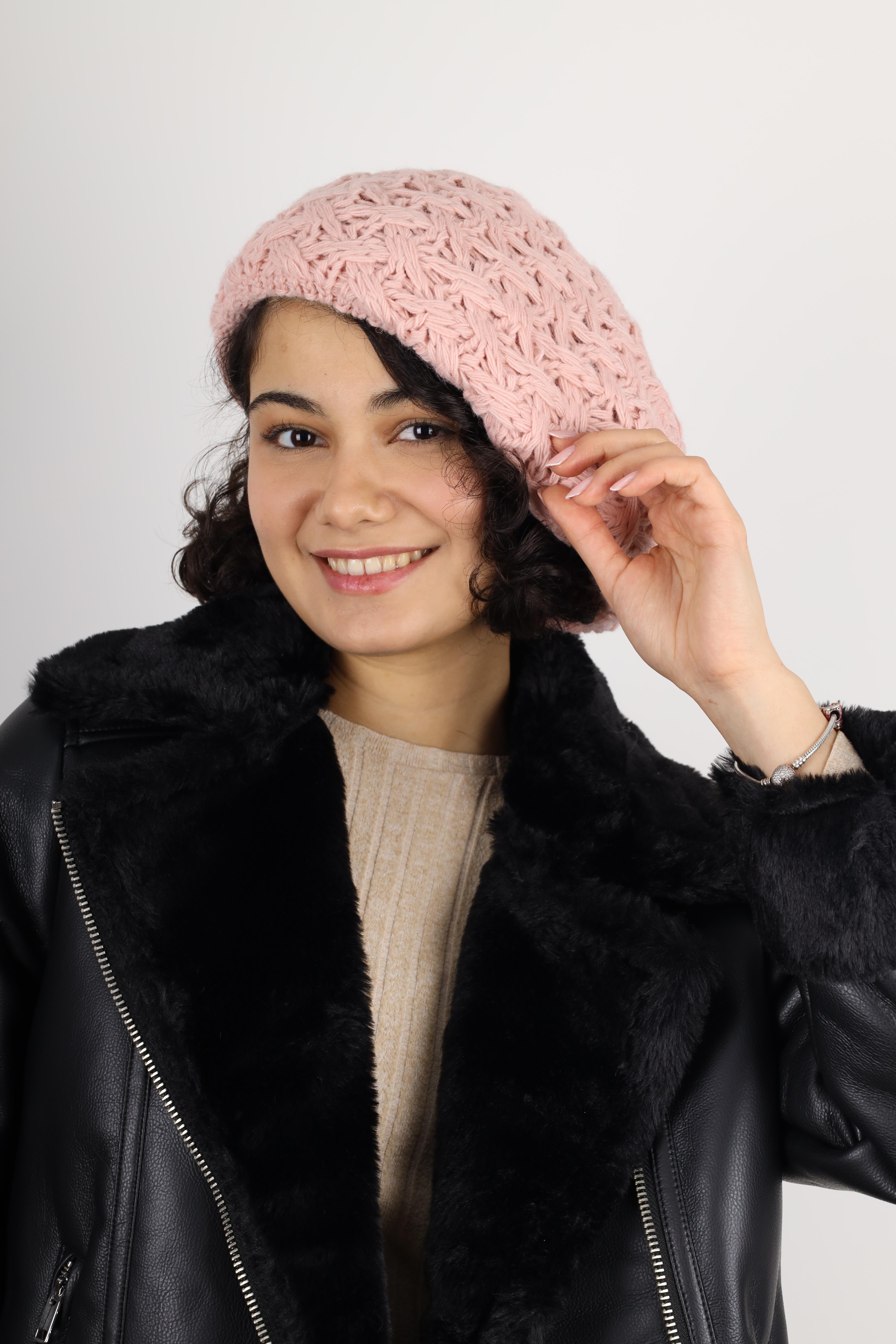 Çift Katlı Kışlık Ressam Bere Pembe Örgü Yün