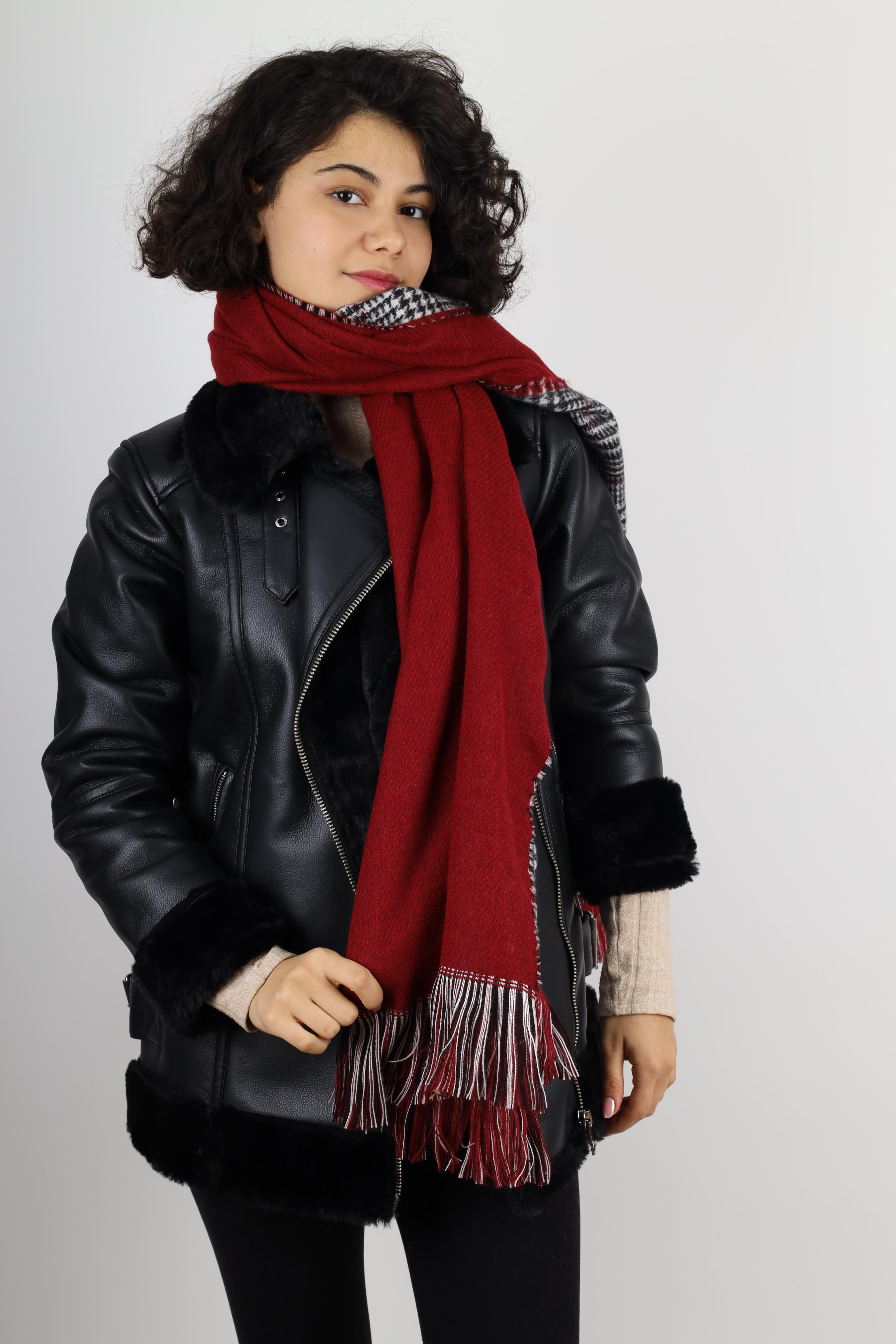Kadın Bordo Kışlık Çift Taraflı Ekose Desen Yün Atkı