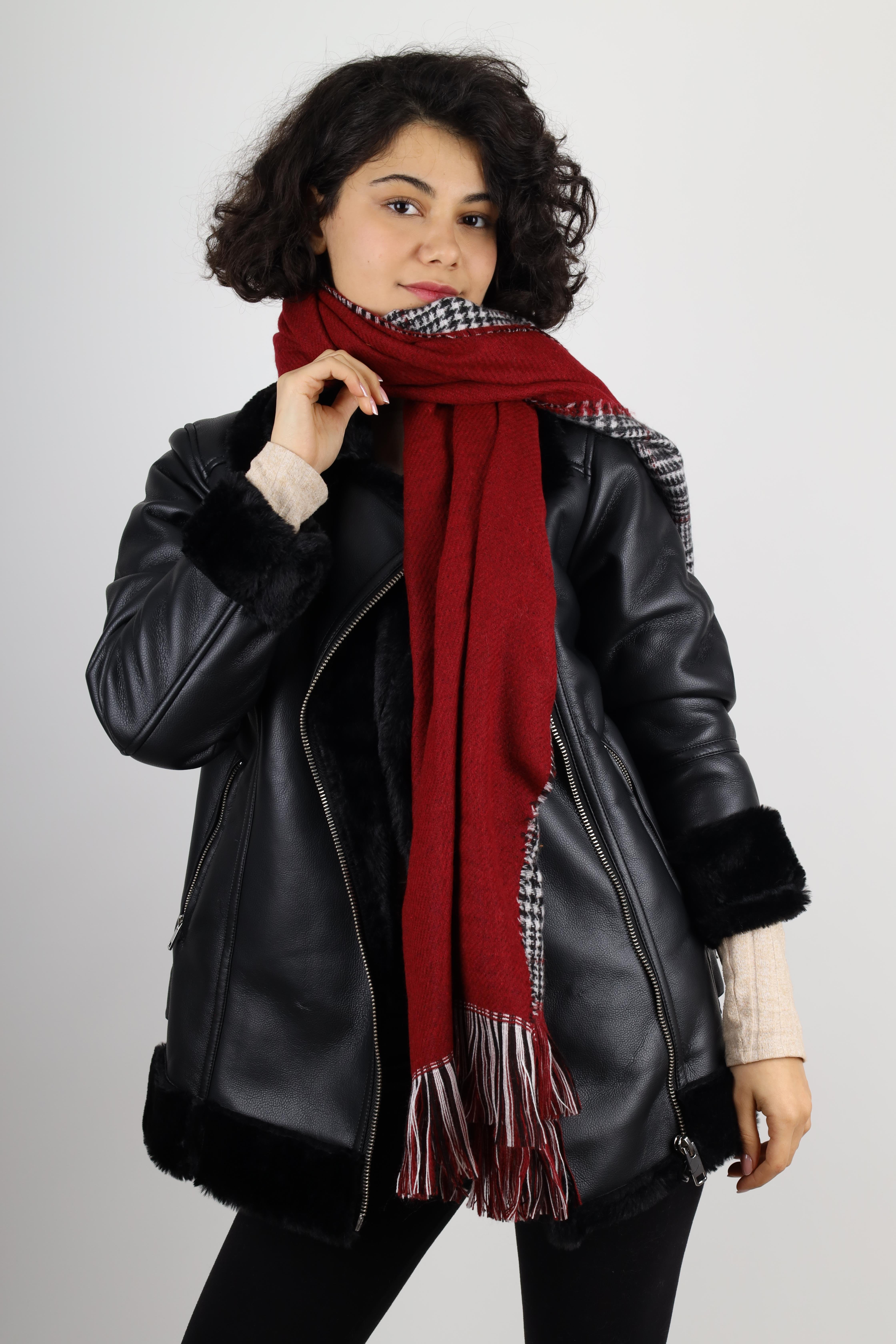 Kadın Bordo Kışlık Çift Taraflı Ekose Desen Yün Atkı