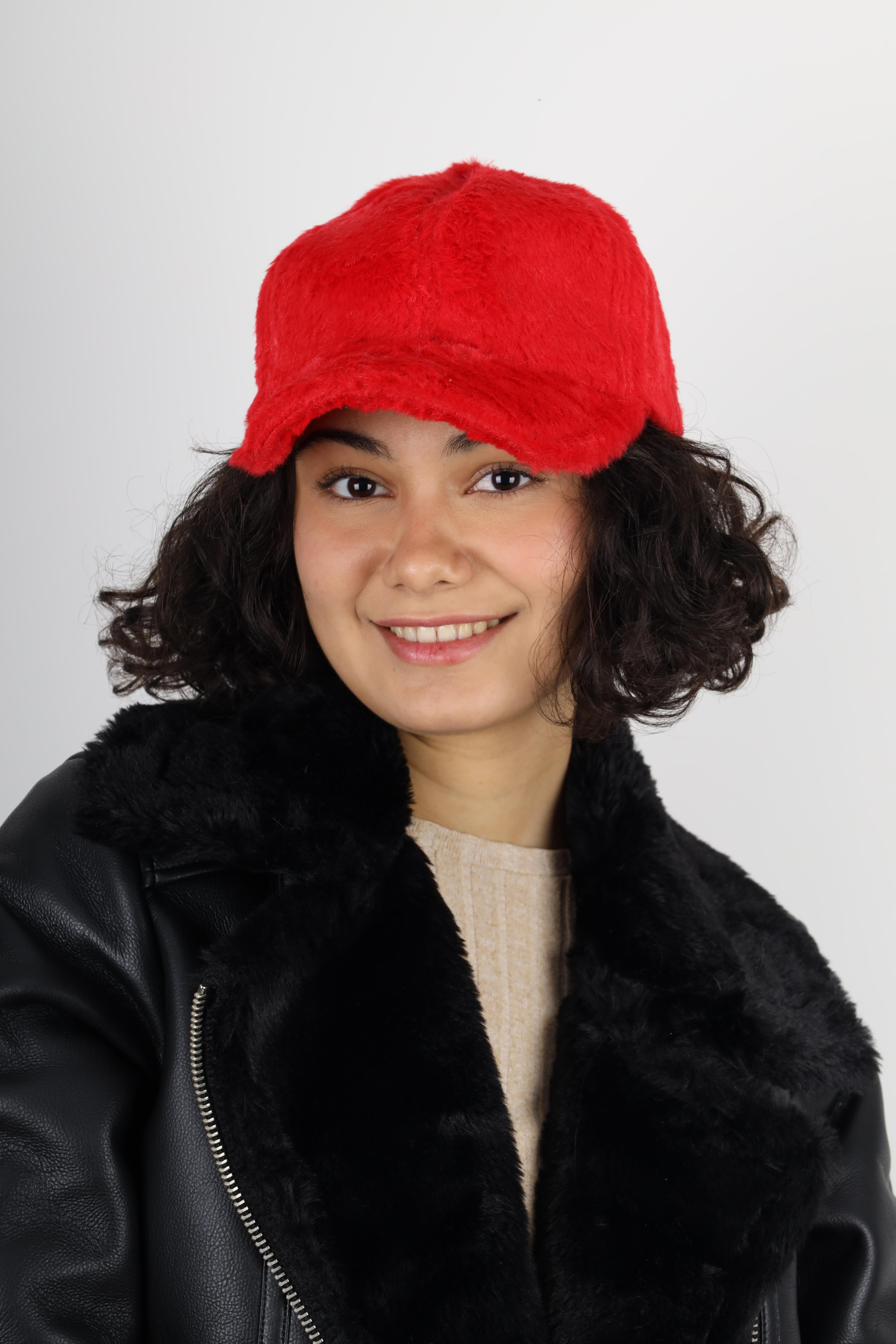 Kadın Kırmızı Kışlık Kürklü Yumuşak Dokulu Peluş Şapka