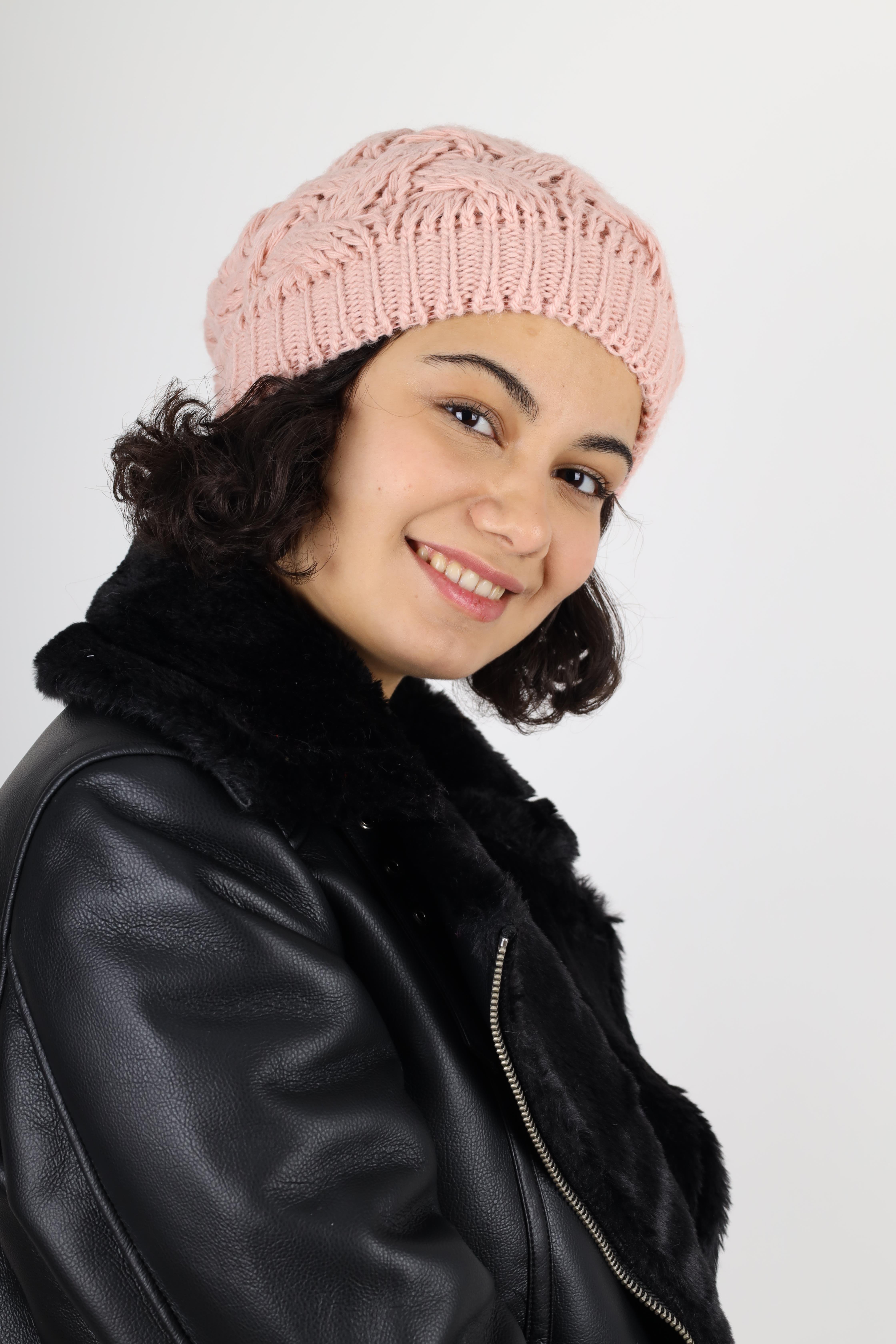 Kadın Kışlık Çift Kat Örme Pembe Bere