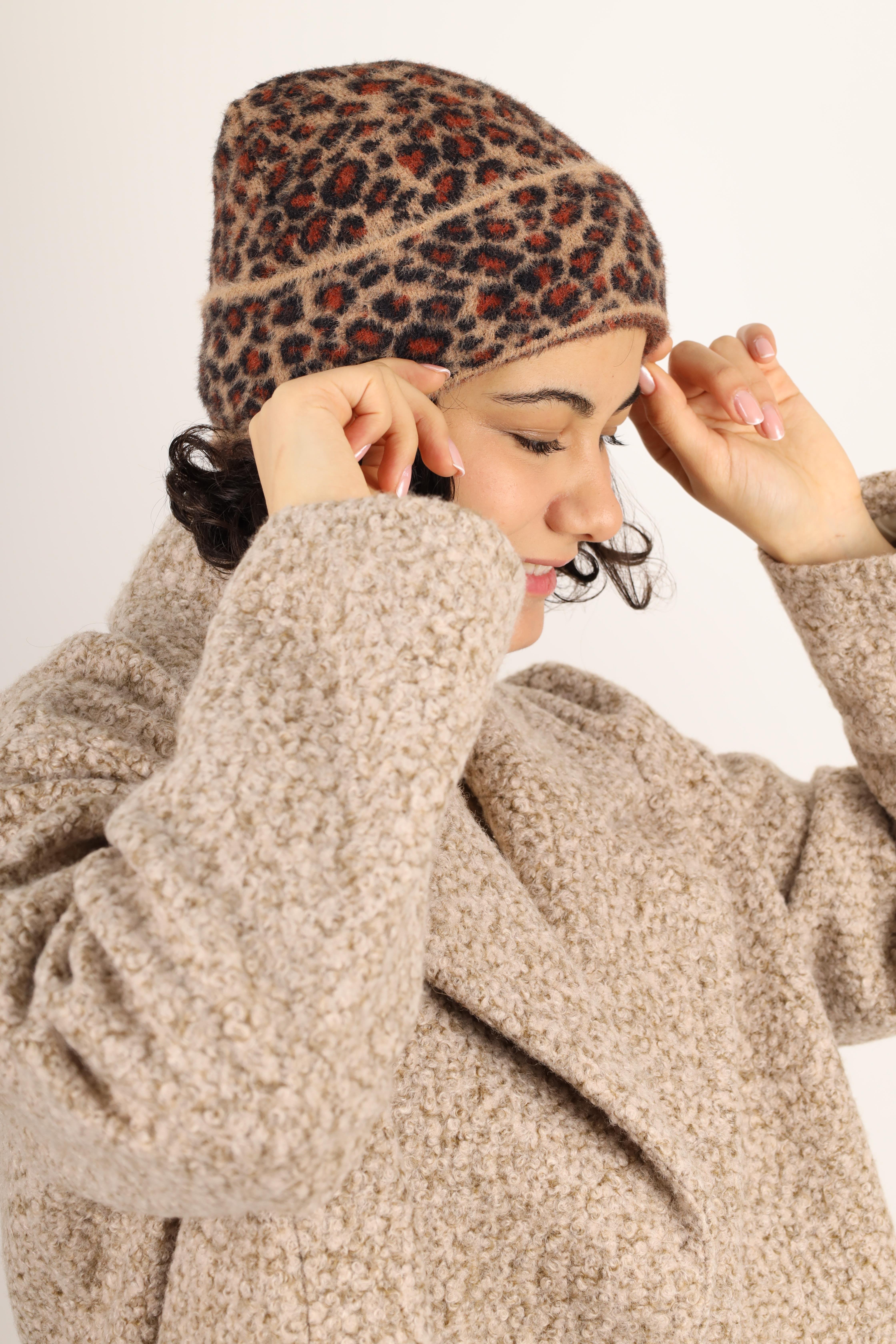 Kadın Leopar Kahve İnce Tüylü Yün Karışımlı Bere