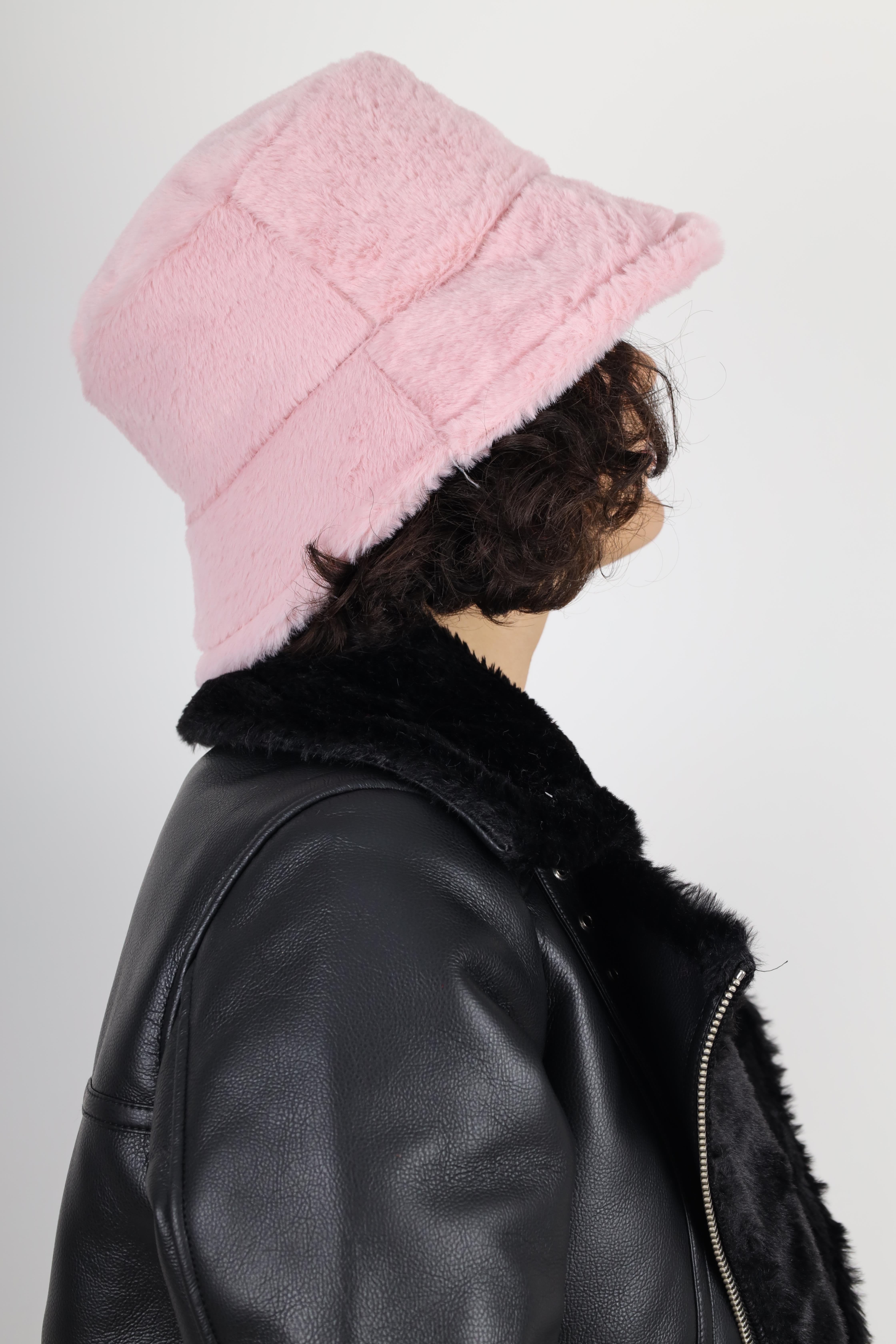 Kadın Pembe Bucket Kürklü Yumuşak Dokulu Peluş Şapka
