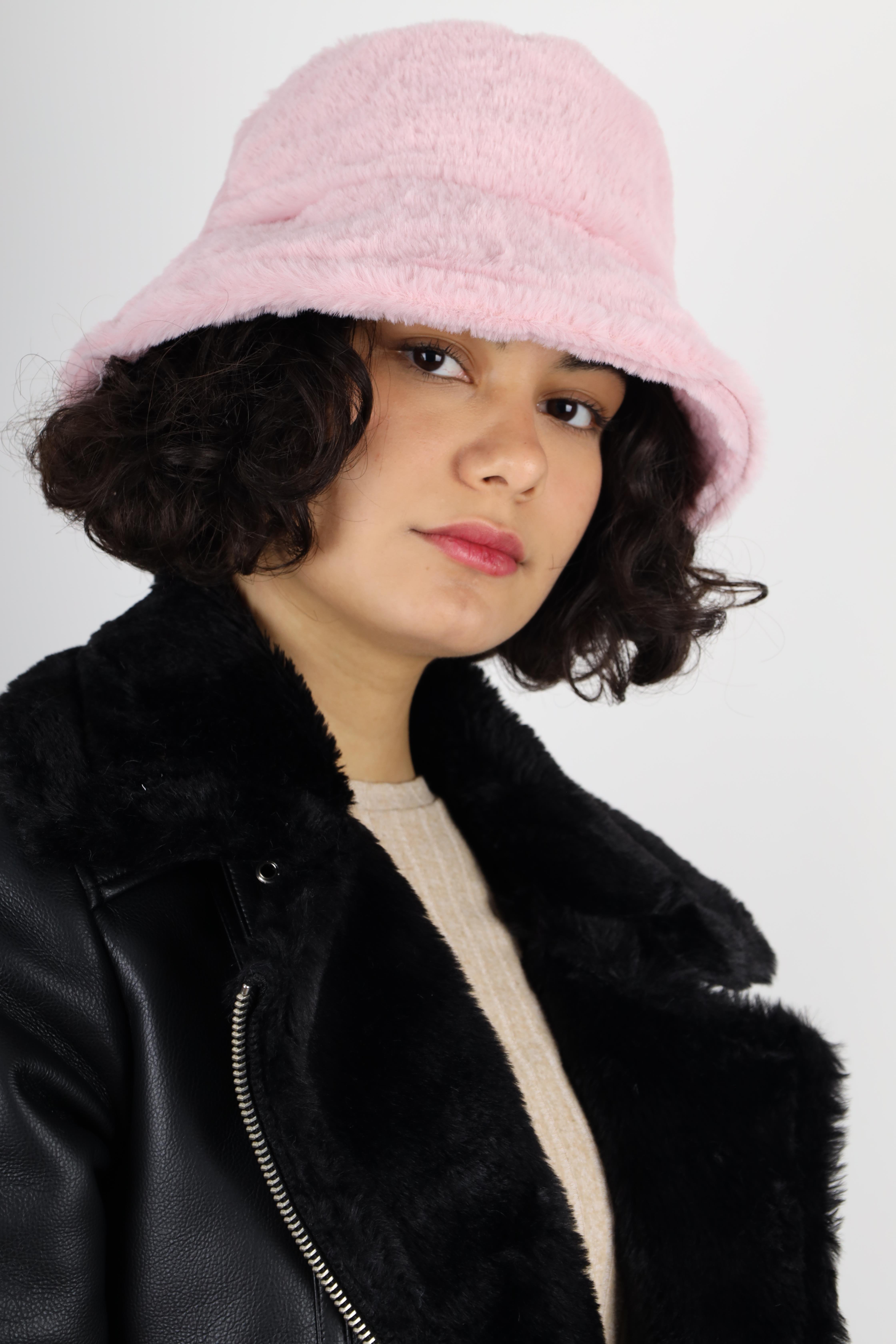 Kadın Pembe Bucket Kürklü Yumuşak Dokulu Peluş Şapka