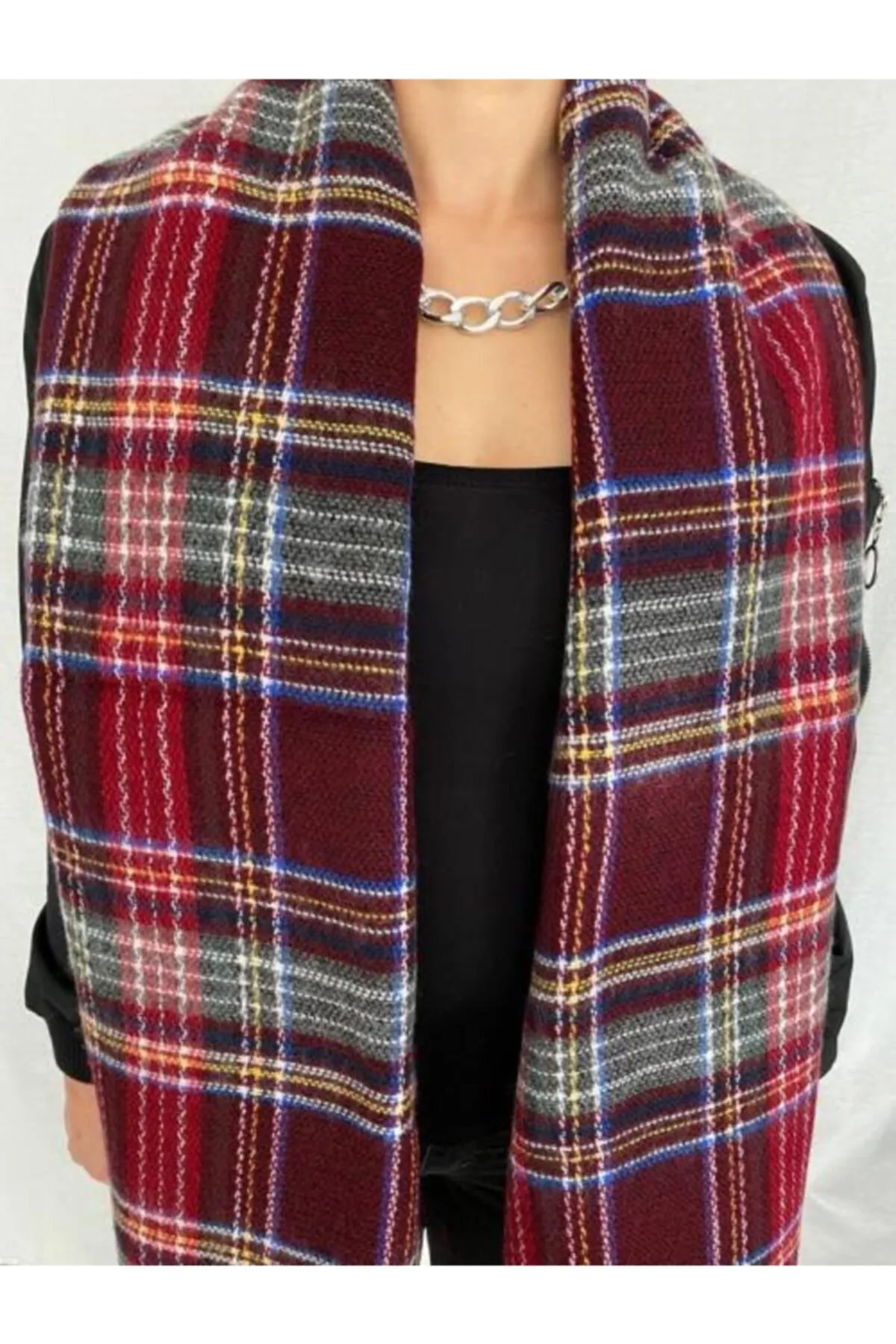 Unisex Bordo İskoç Desen Yumuşak Dokulu Atkı