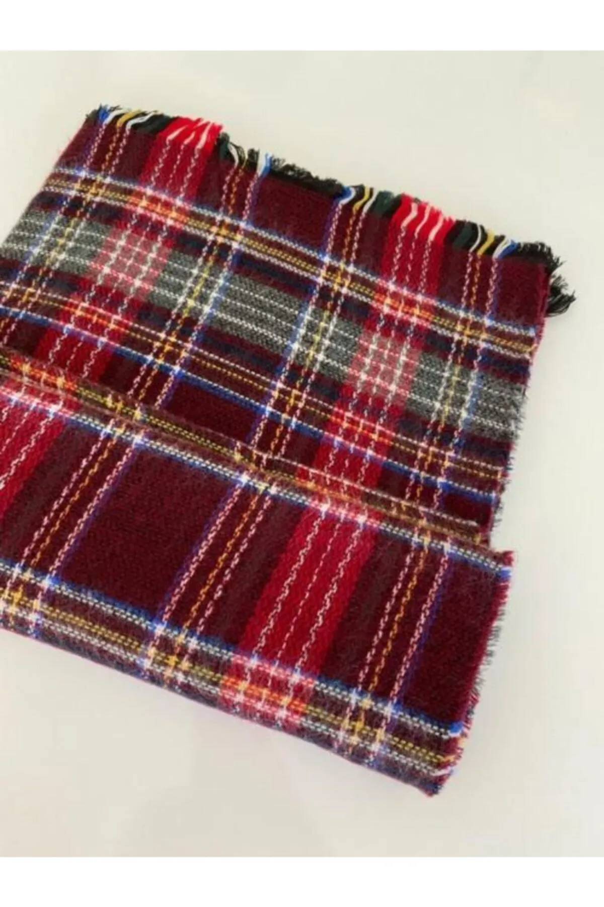 Unisex Bordo İskoç Desen Yumuşak Dokulu Atkı