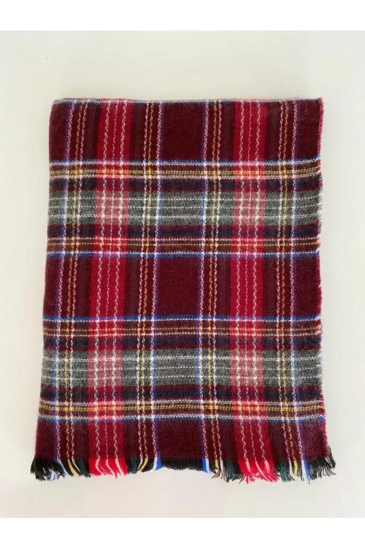 Unisex Bordo İskoç Desen Yumuşak Dokulu Atkı