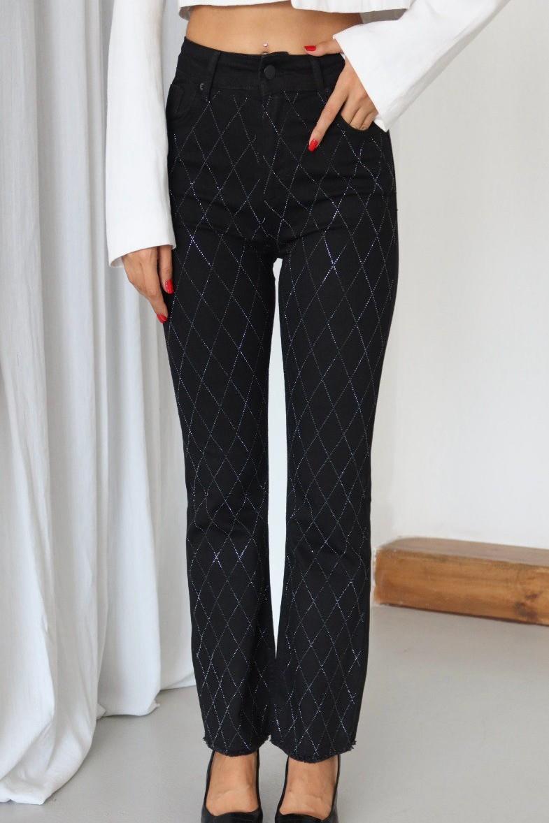 Baklava Desen Taşlı Mini Flare Jean LC7403B