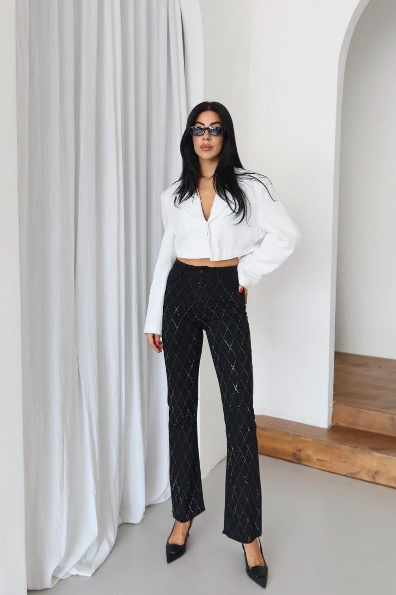 Baklava Desen Taşlı Mini Flare Jean LC7403B