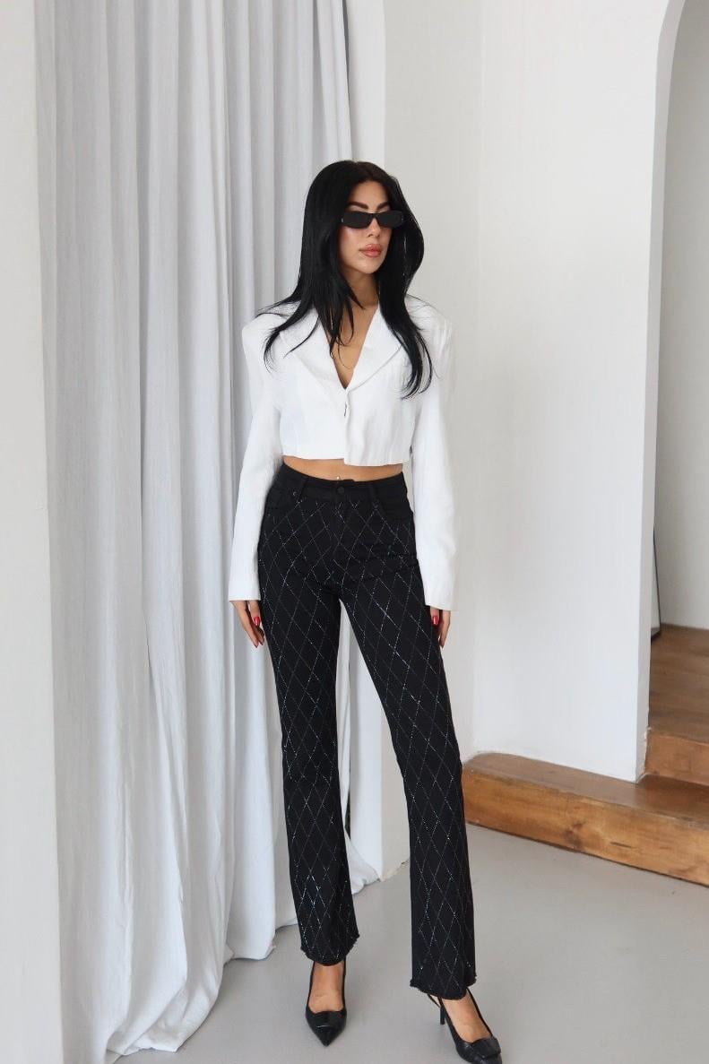 Baklava Desen Taşlı Mini Flare Jean LC7403B