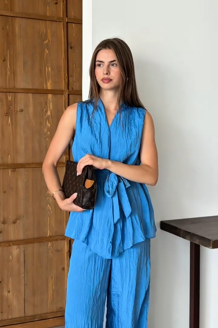 Beli Bağlamalı Yelek Dökümlü Pantolon Takım HYL9227