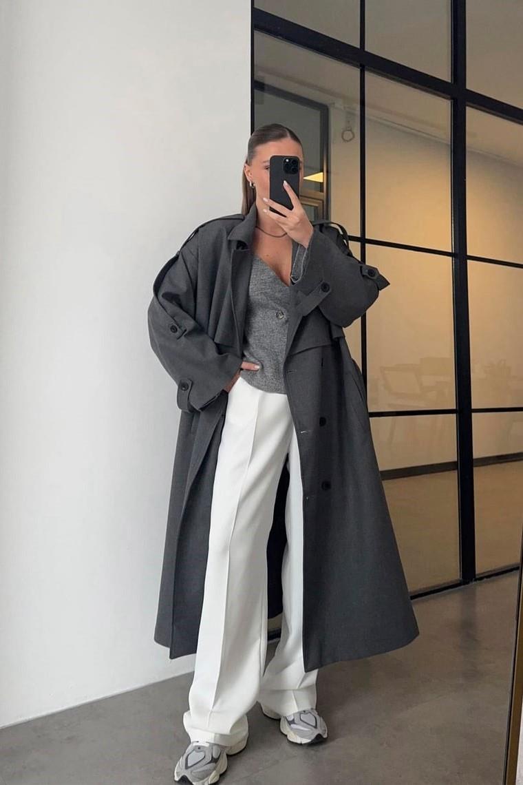 Beli Kuşaklı Oversize Midi Trençkot PR9476