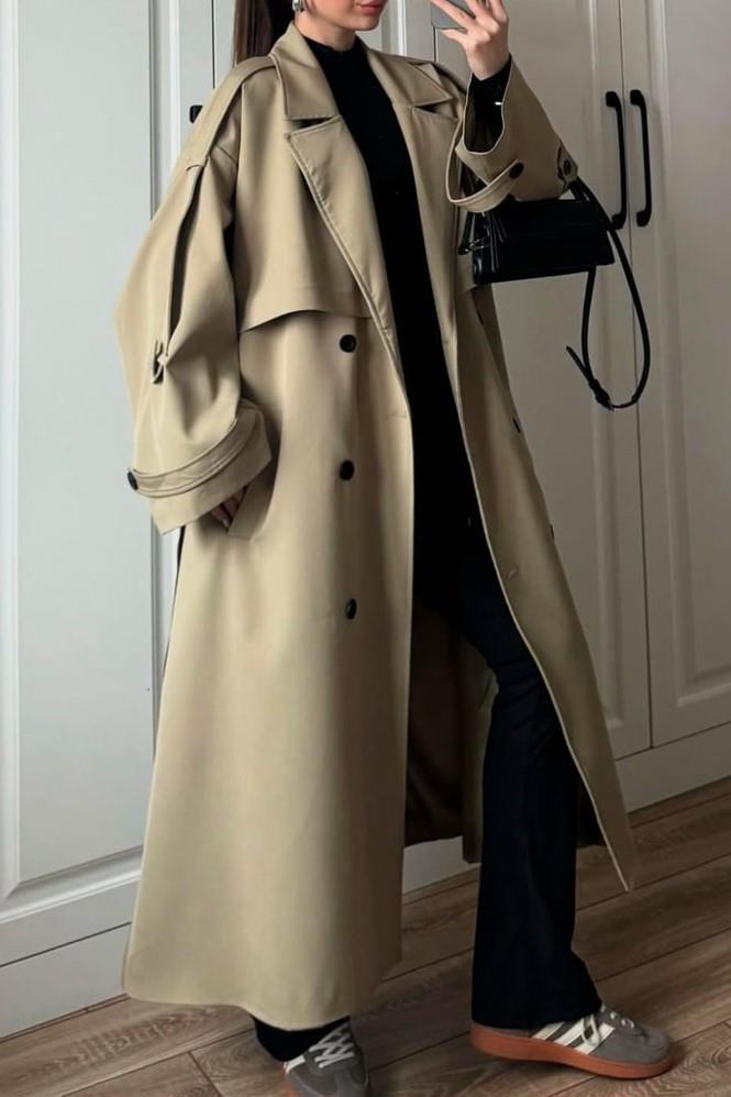 Beli Kuşaklı Oversize Midi Trençkot PR9476