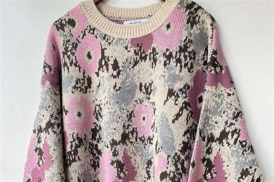 Bisiklet Yaka Çiçek Desenli Oversize Kazak QS19504
