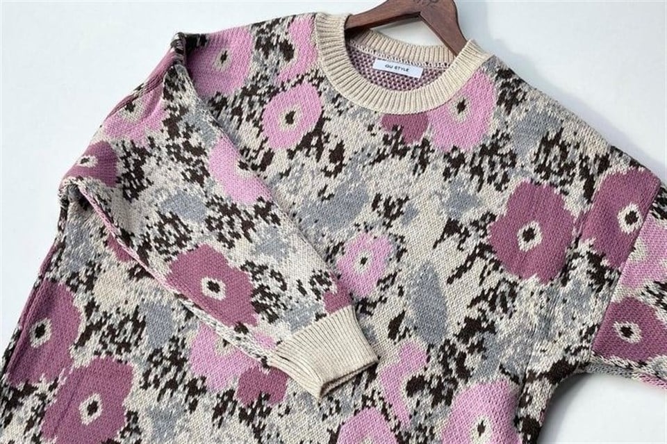 Bisiklet Yaka Çiçek Desenli Oversize Kazak QS19504