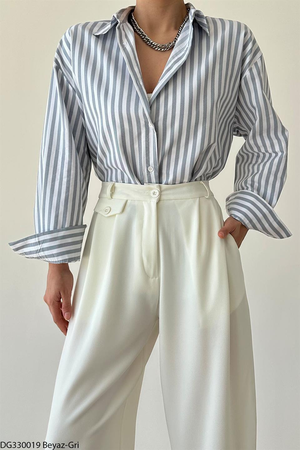 Çizgili Oversize Gömlek QS330019
