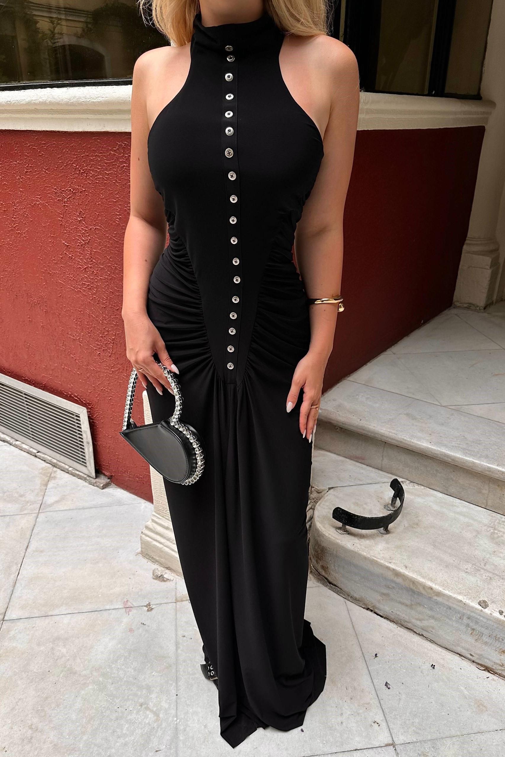 Düğme Detaylı Drapeli Halter Yaka Elbise MM1221