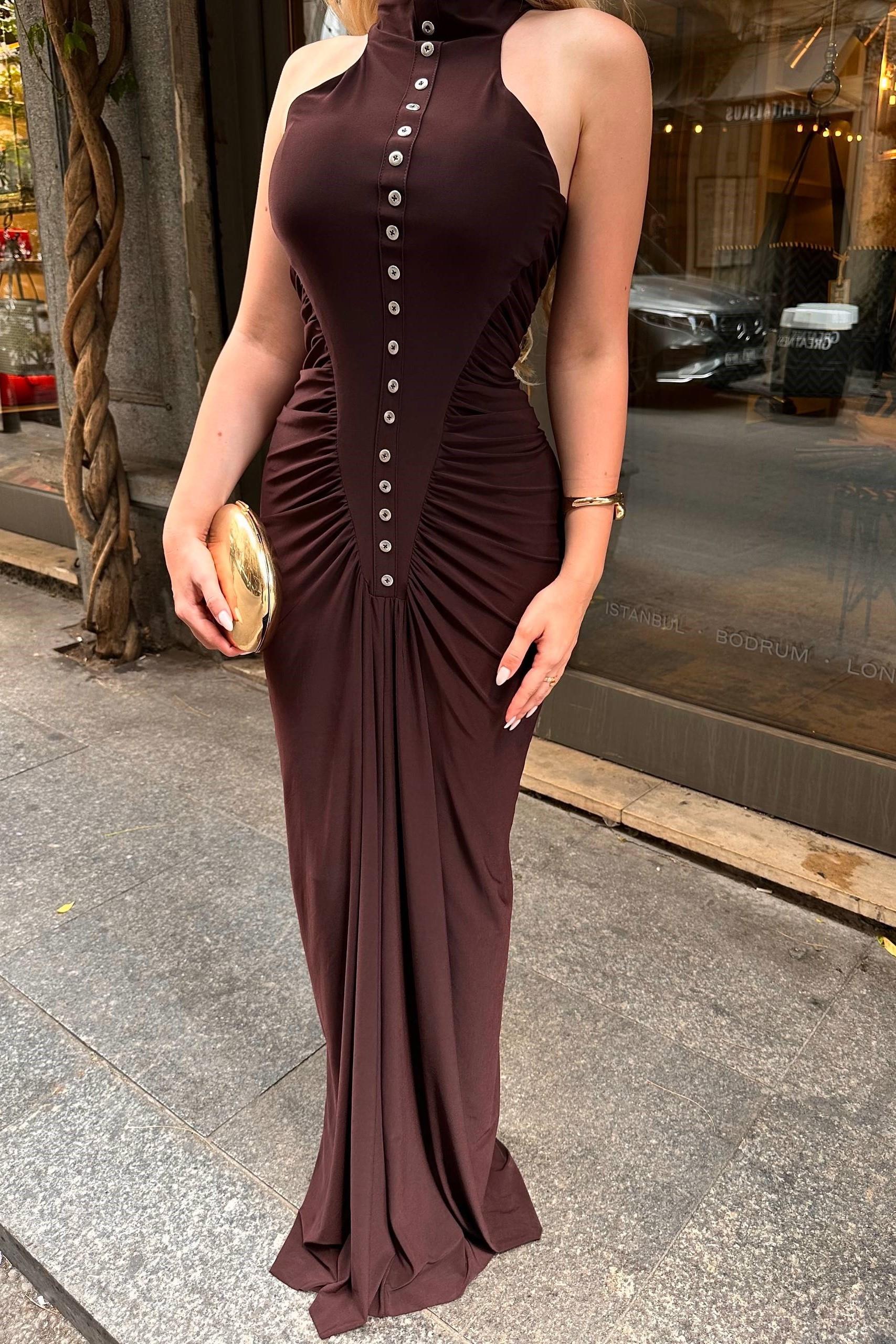Düğme Detaylı Drapeli Halter Yaka Elbise MM1221