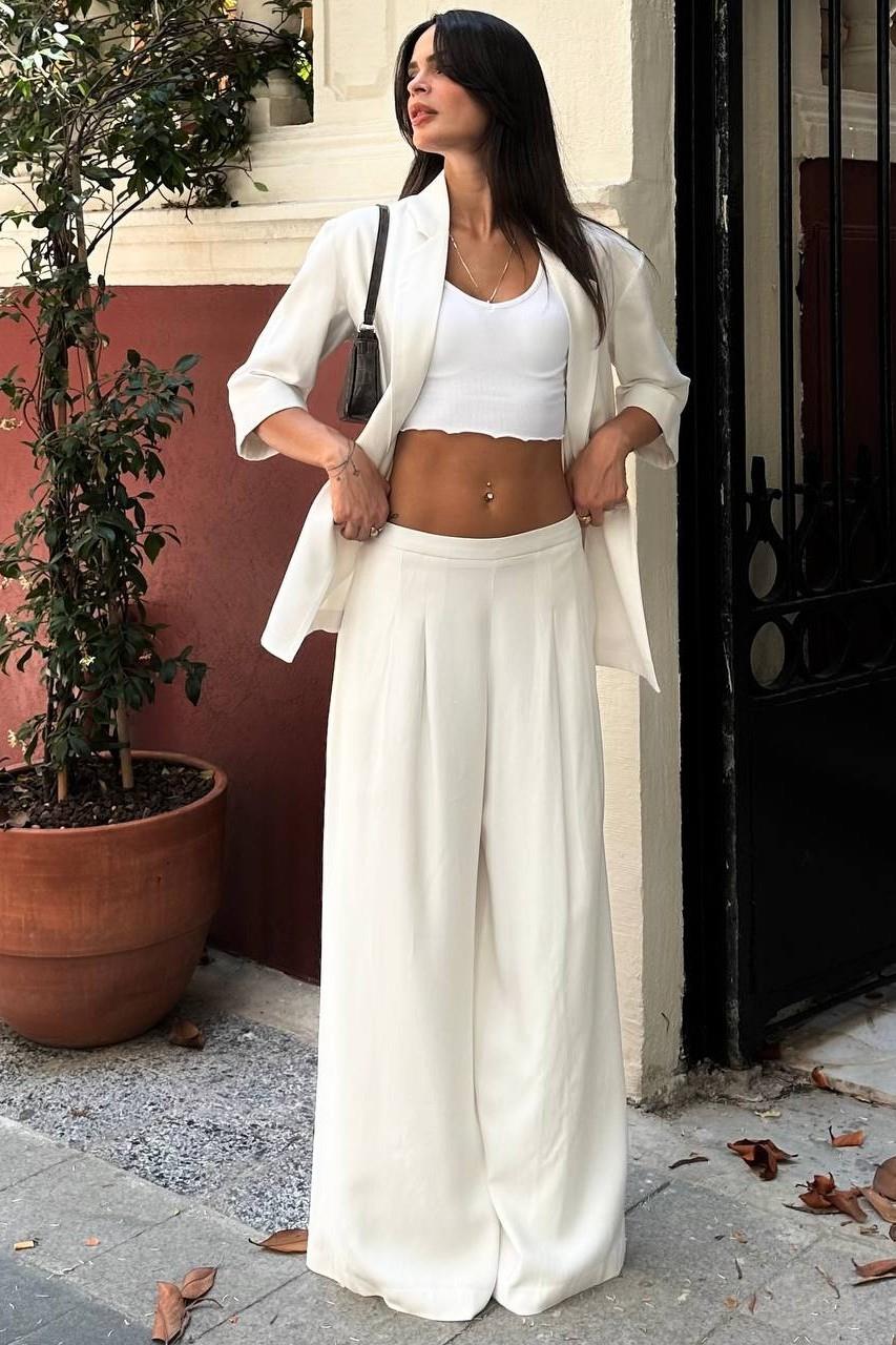 Düğmeli Yırtmaçlı Blazer Ceket Bol Pantolon Takım MM187