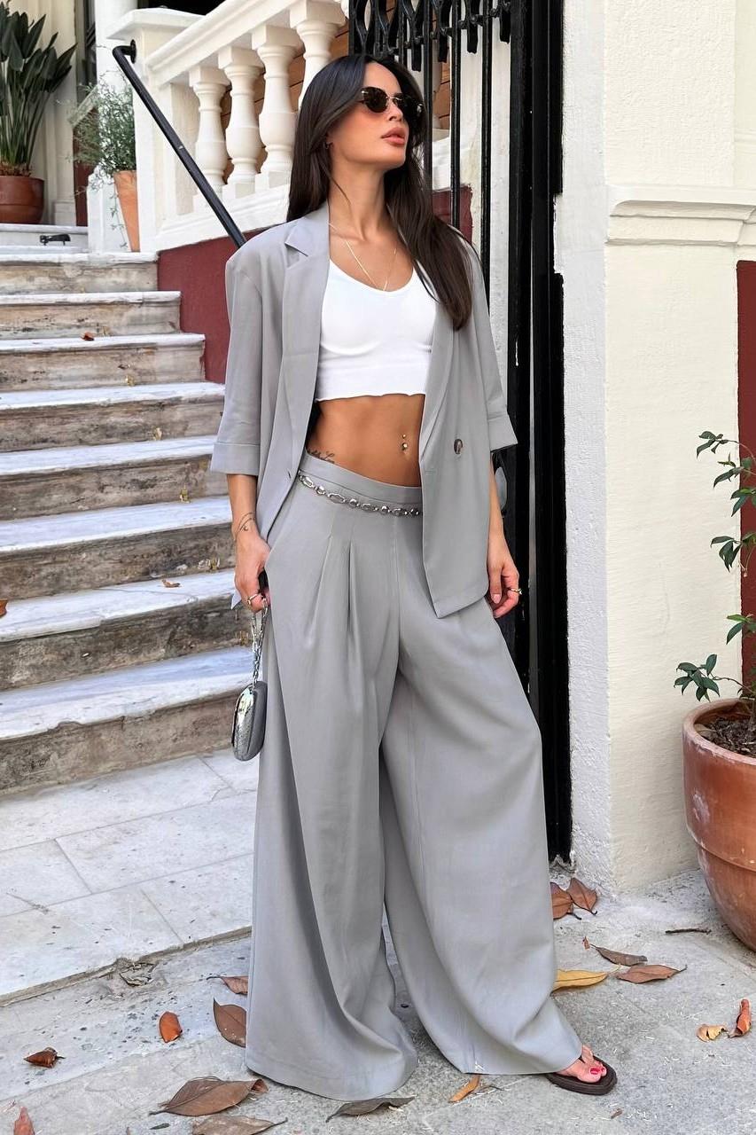Düğmeli Yırtmaçlı Blazer Ceket Bol Pantolon Takım MM187