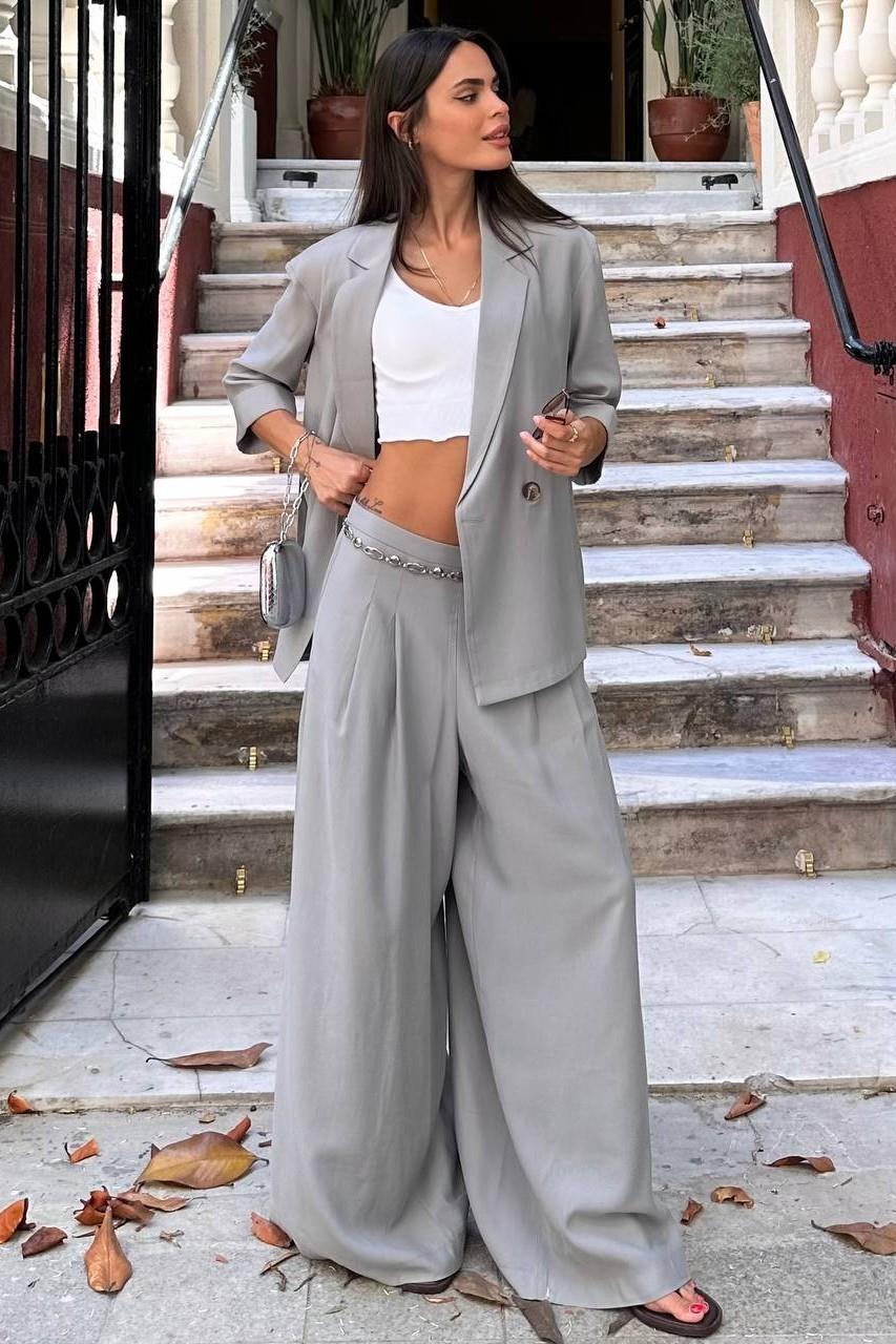 Düğmeli Yırtmaçlı Blazer Ceket Bol Pantolon Takım MM187