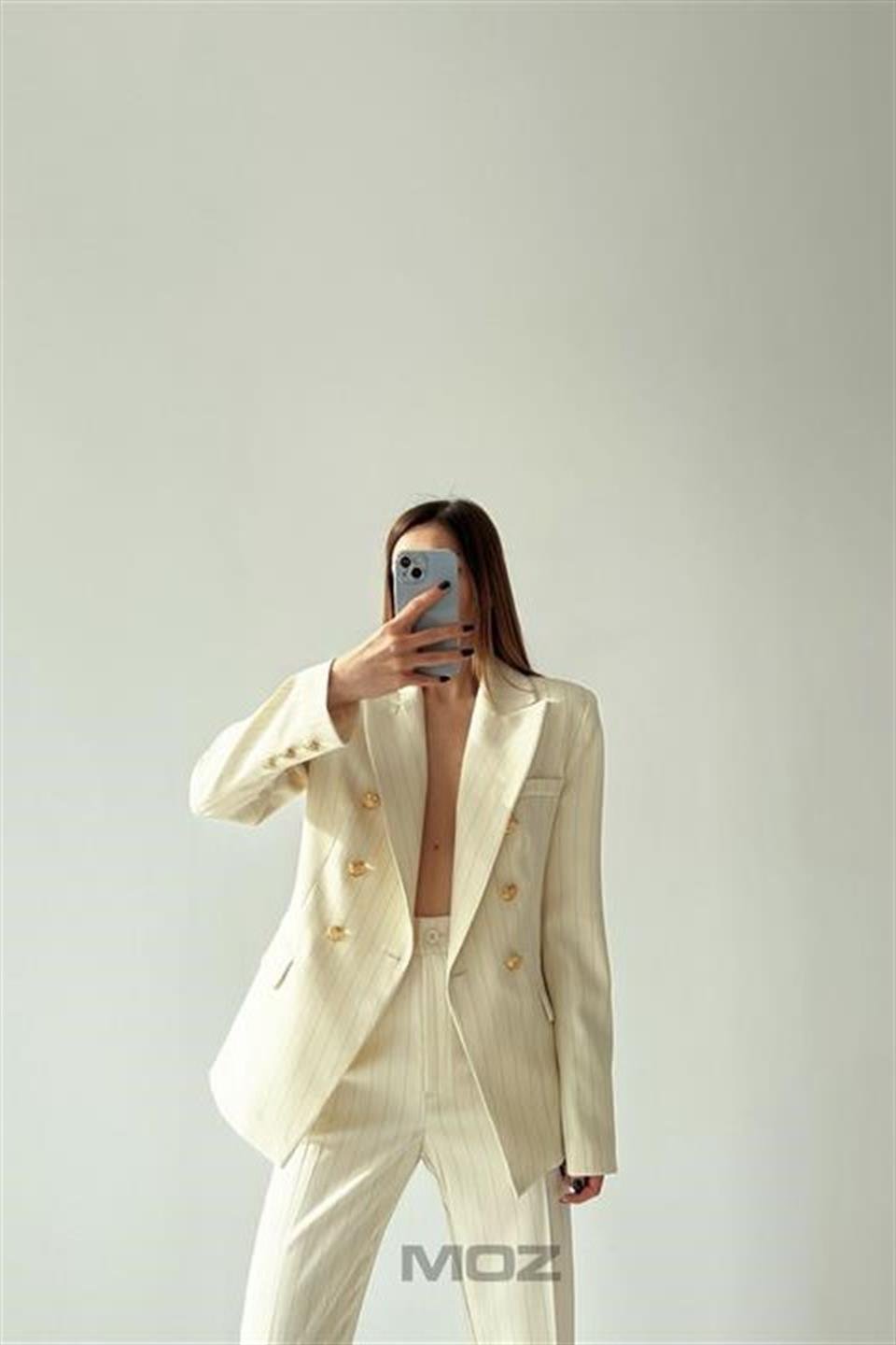 Gold Düğme Detaylı İnce Çizgili Ceket Pantolon RB88523