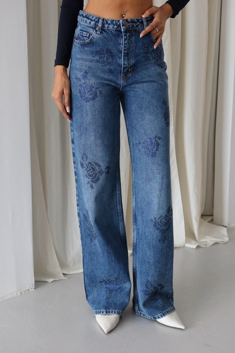 Gül Baskılı Taş İşlemeli Wide Leg Jean LC8062