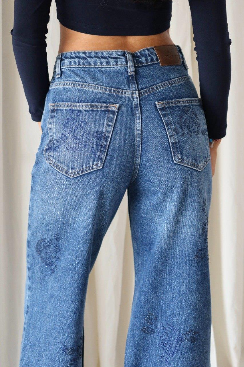Gül Baskılı Taş İşlemeli Wide Leg Jean LC8062