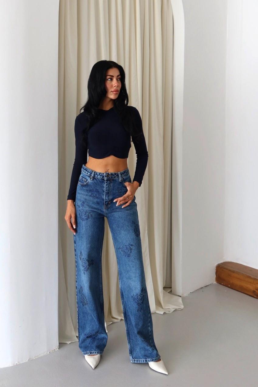 Gül Baskılı Taş İşlemeli Wide Leg Jean LC8062