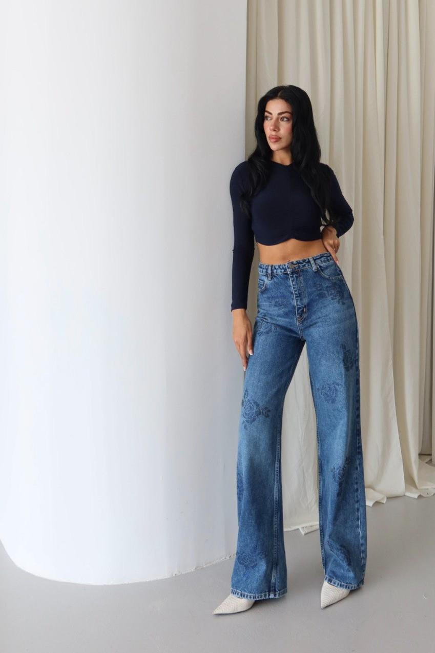 Gül Baskılı Taş İşlemeli Wide Leg Jean LC8062