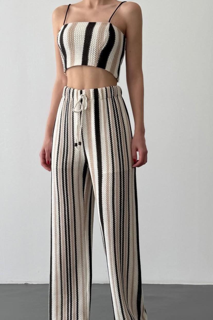 İp Askılı Çizgili Crop Bol Paça Pantolon Takım QZ00488