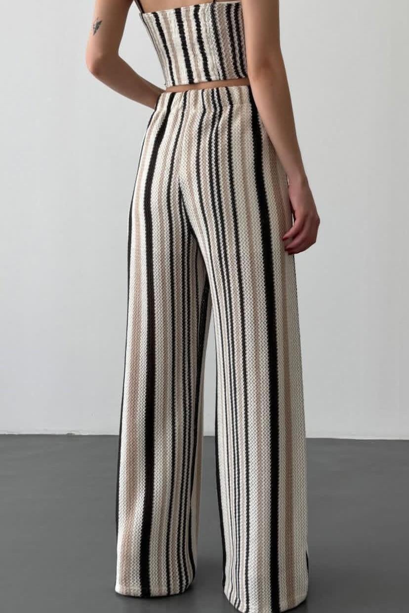 İp Askılı Çizgili Crop Bol Paça Pantolon Takım QZ00488