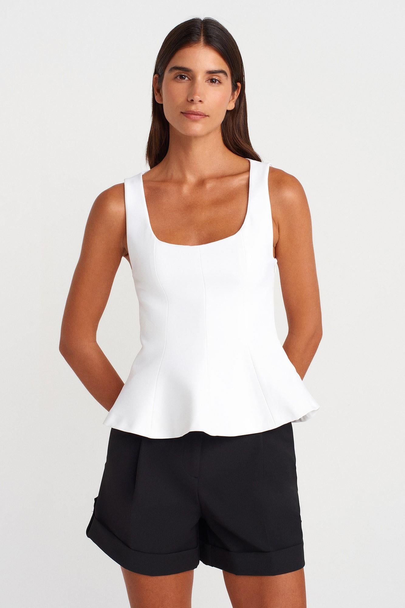 Kare Yaka Kolsuz Peplum Bluz DL50291