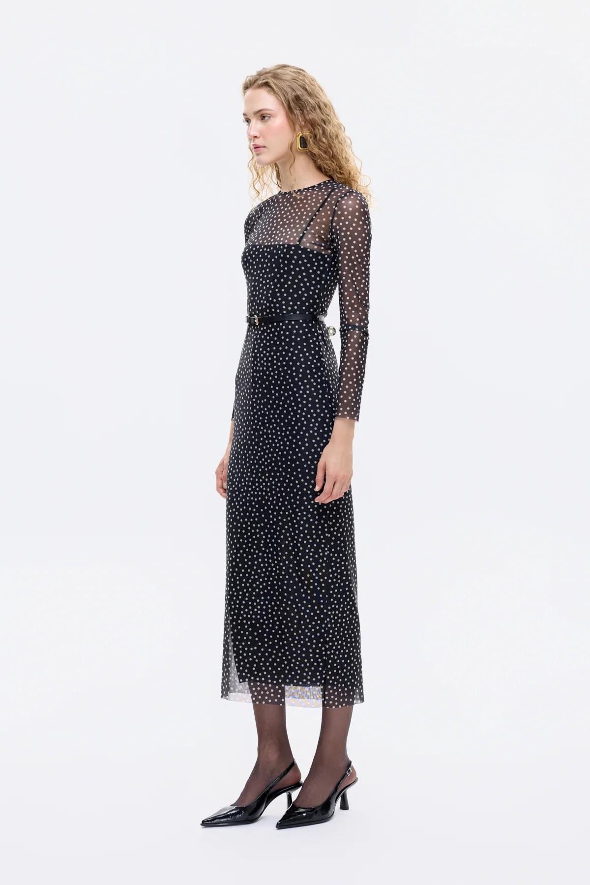 Kemer Detaylı Puantiyeli Tül Elbise QZ00869