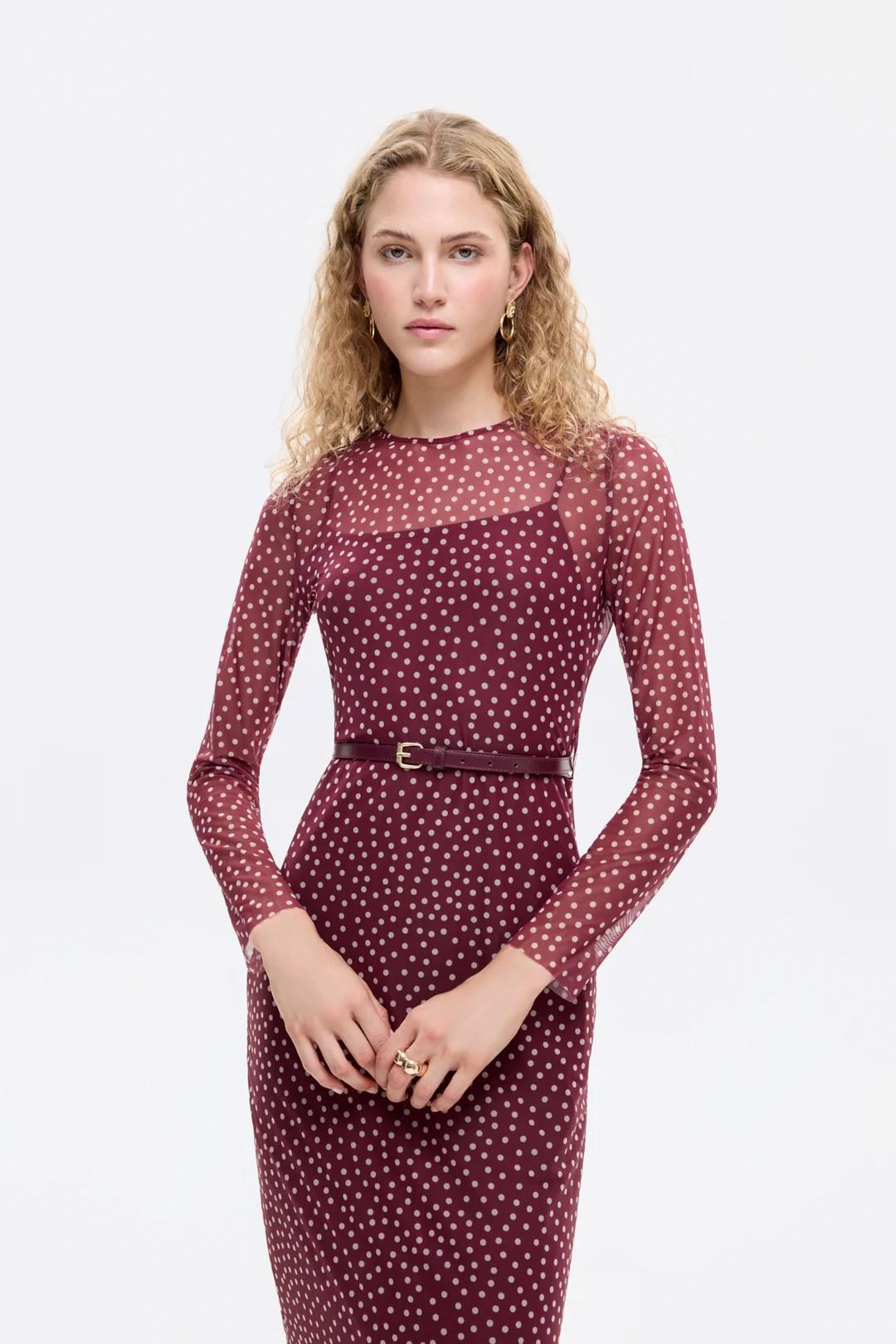 Kemer Detaylı Puantiyeli Tül Elbise QZ00869