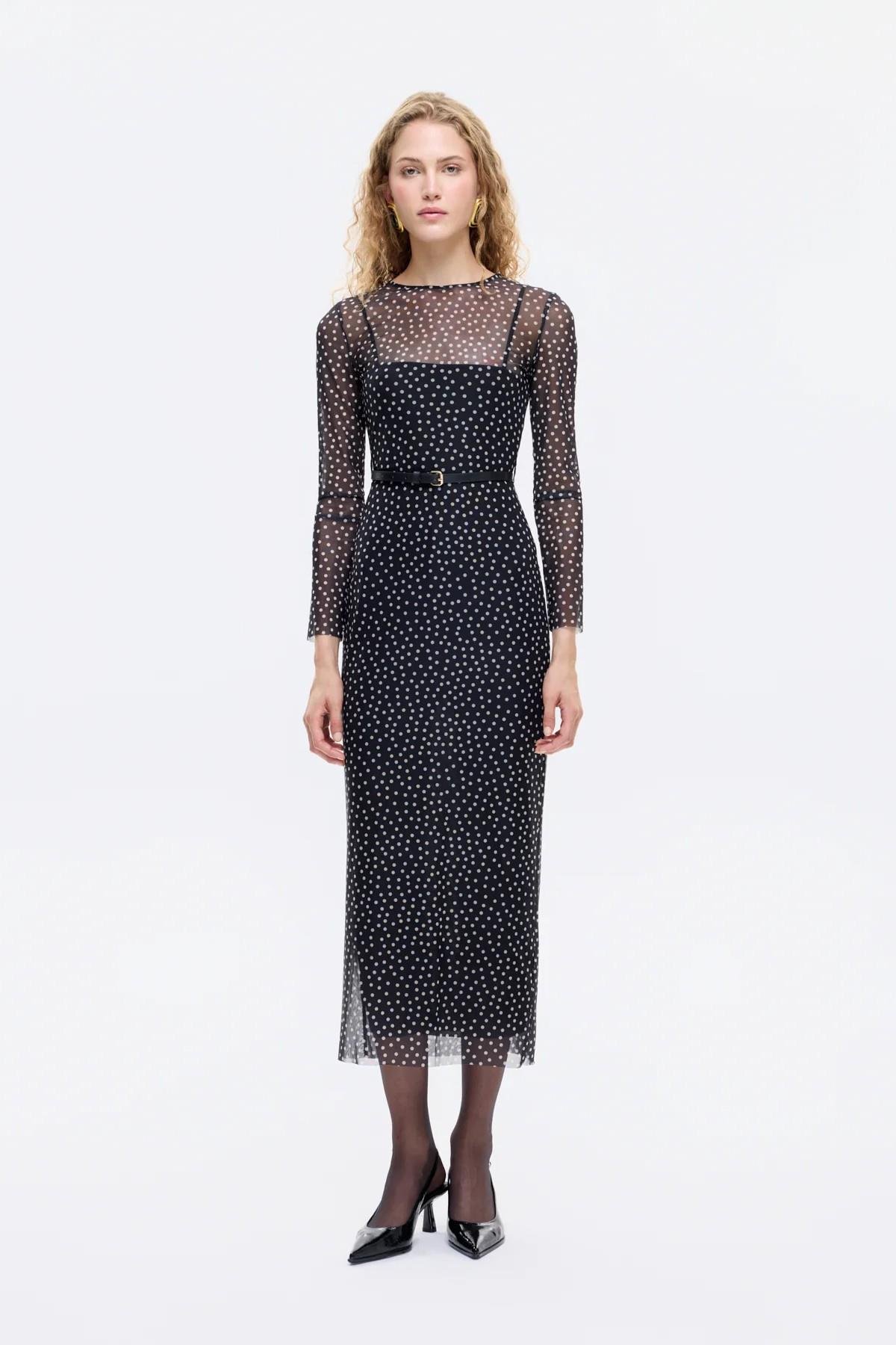 Kemer Detaylı Puantiyeli Tül Elbise QZ00869