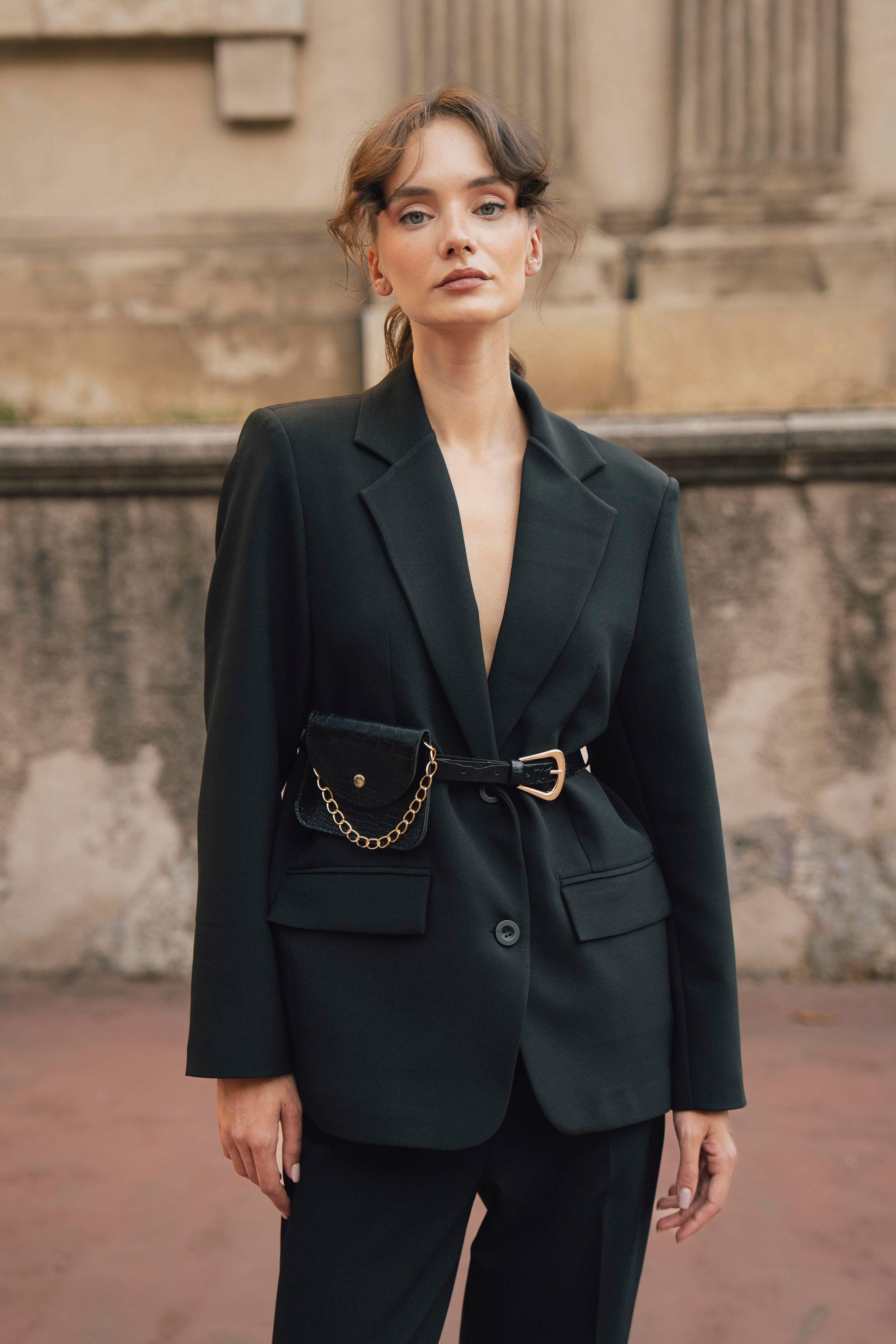 Kemer ve Çanta Aksesuarlı Blazer Ceket PR9593