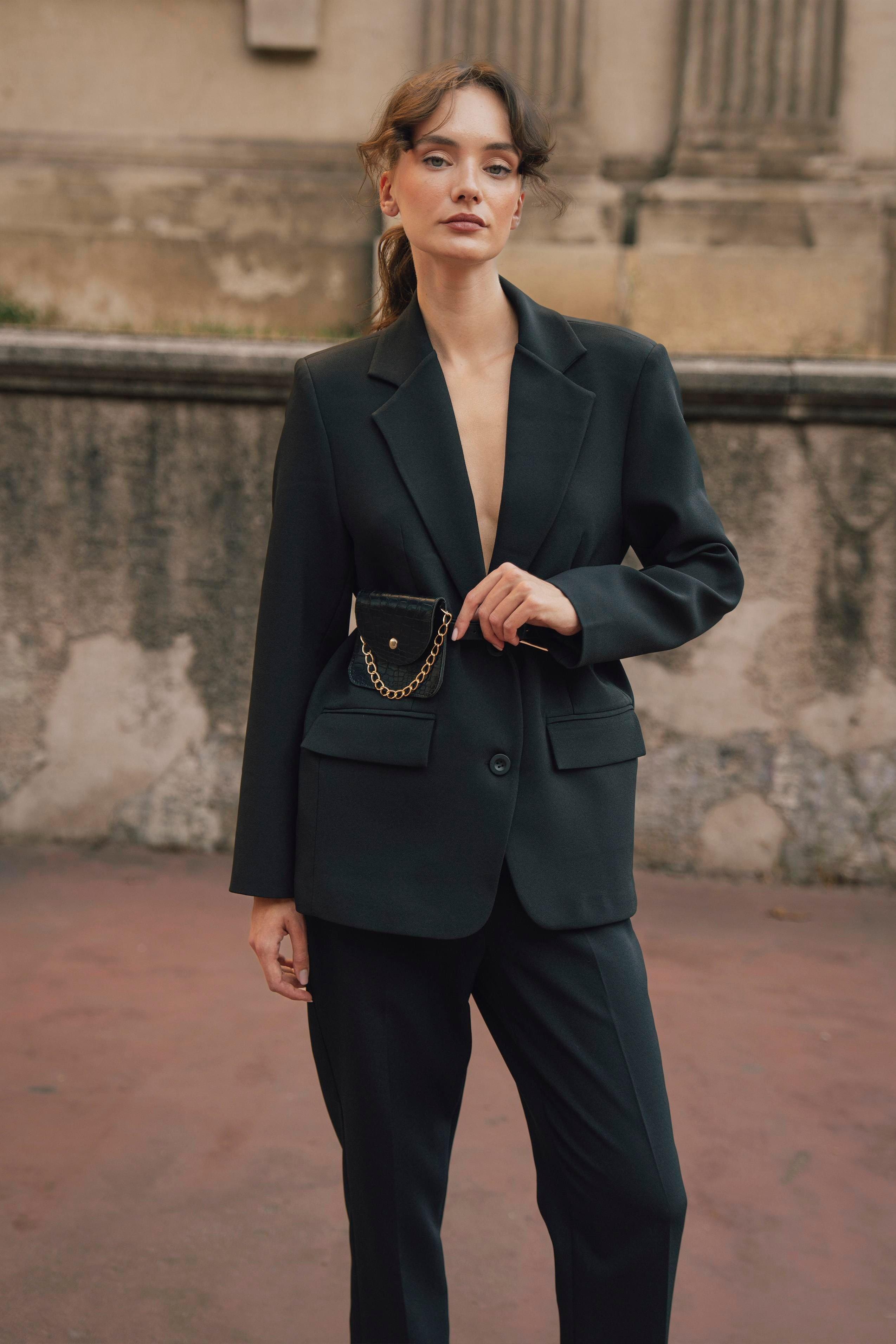 Kemer ve Çanta Aksesuarlı Blazer Ceket PR9593
